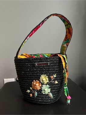 GUESS Black Woven Floral Appliqué Mini Bucket Bag with Multicolor Lining